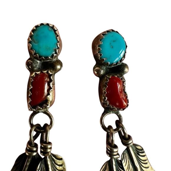Vintage Sterling Silver Turquoise & Coral Feather Dangle Earrings - Picture 4 of 9